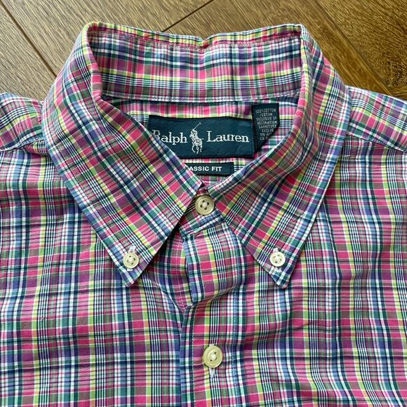 Ralph Lauren Pony Embroidered Classic Button Down Shirt Mens M Pink Green Plaid - Picture 4 of 9